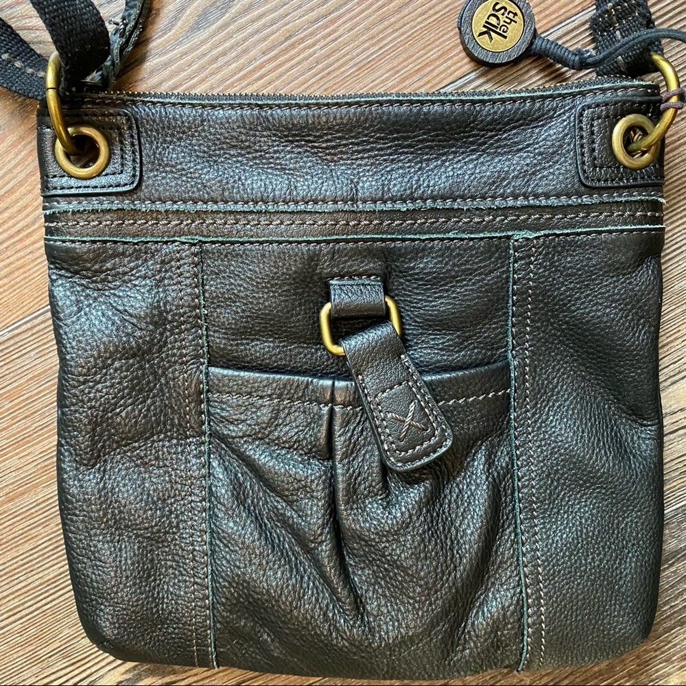 The SAK Black Leather Crossbody Purse Bag Handbag Fabric Adjustable Strap